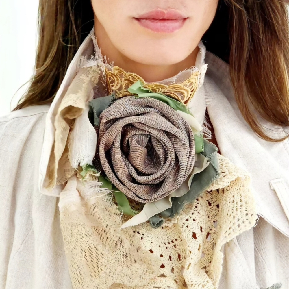 Antique Victorian Jabot Avangard Upcycled Vintage Lace Large Gold Magnolia Rose